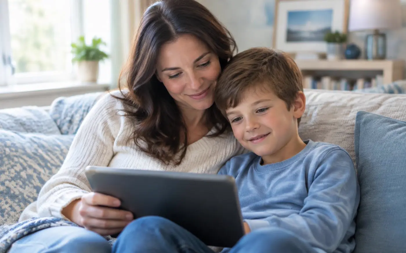 A mother and her young son looking at a tablet together on the sofa, calm and smiling