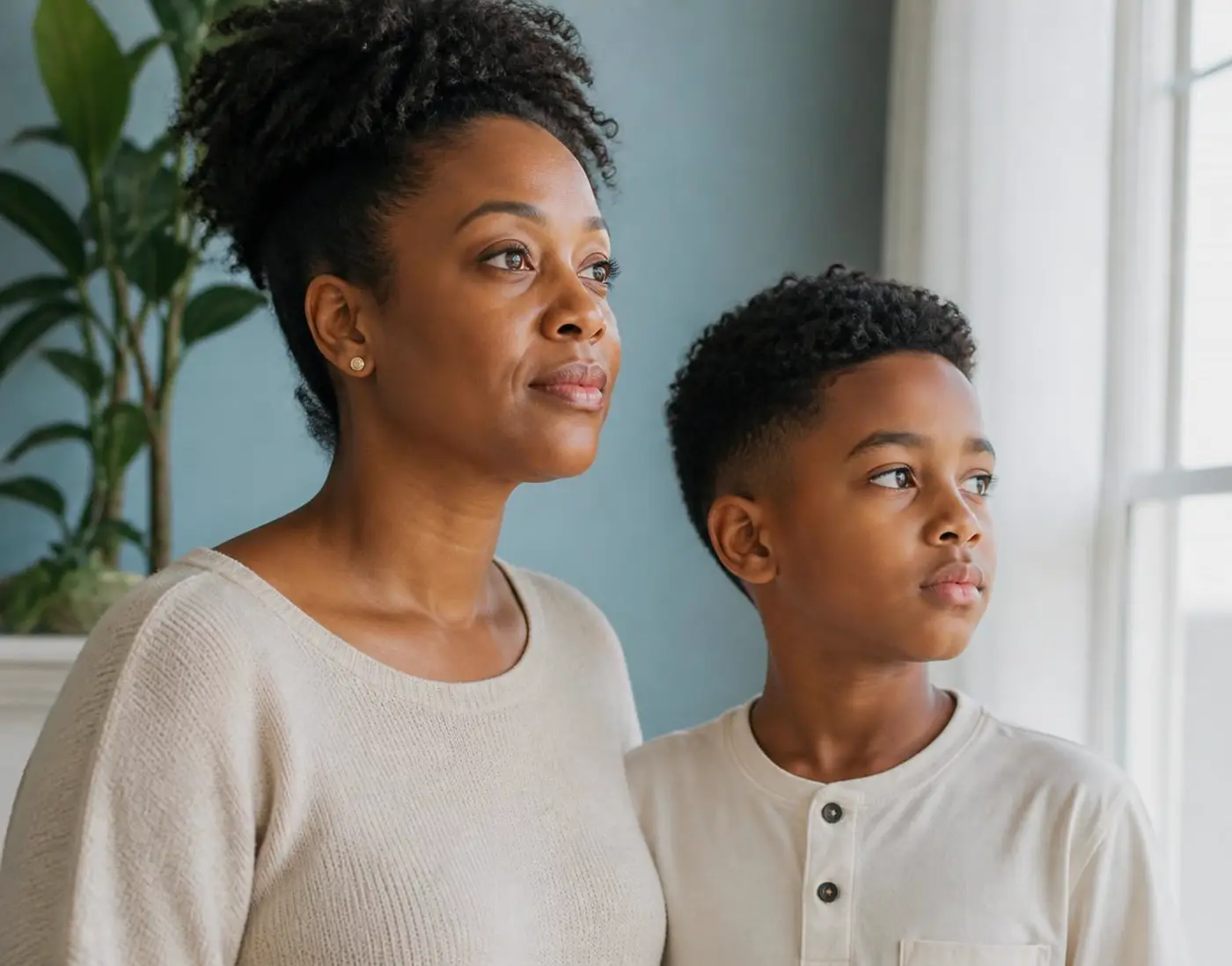 A mother and her young son standing together by a sunlit window, calm and quietly confident